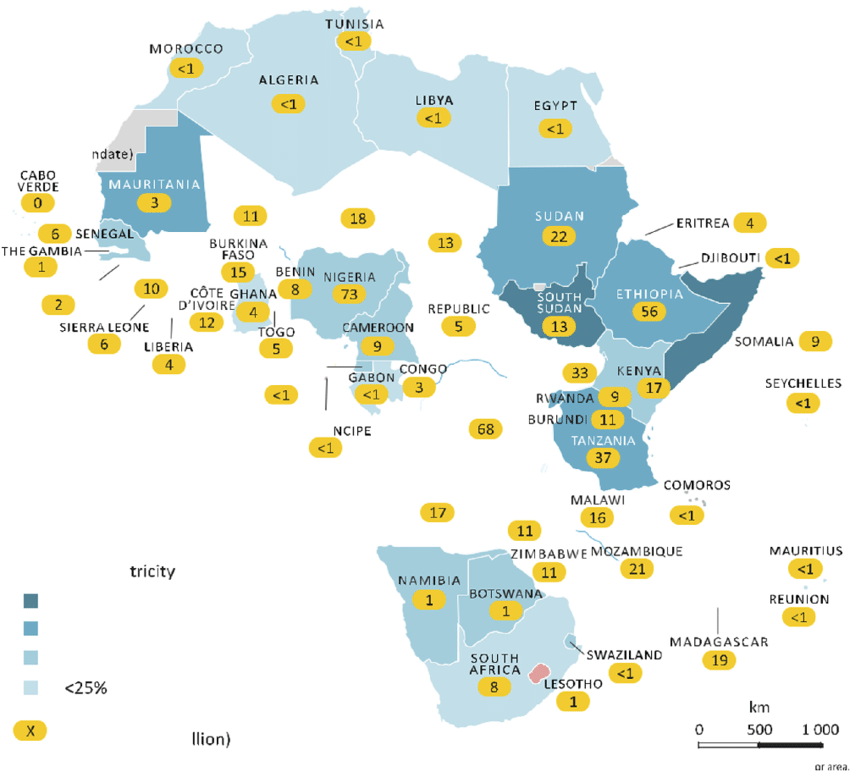 Elektriğe erişimi olmayan nüfus yüzdesine göre Afrika ülkeleri (2016).  Kaynak: ResearchGate